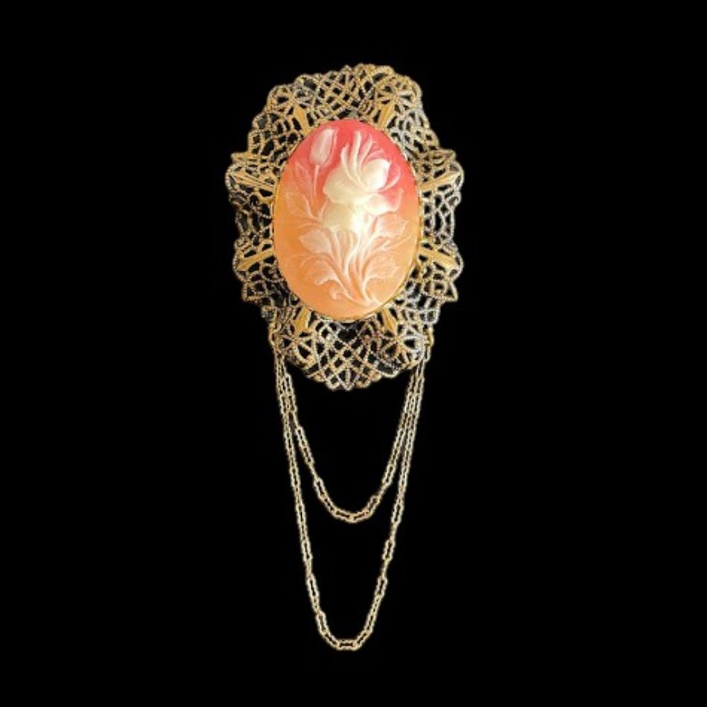 Victorian Revival Floral Cameo Filigree Open Work Ruffle Brooch Retro Antiqued